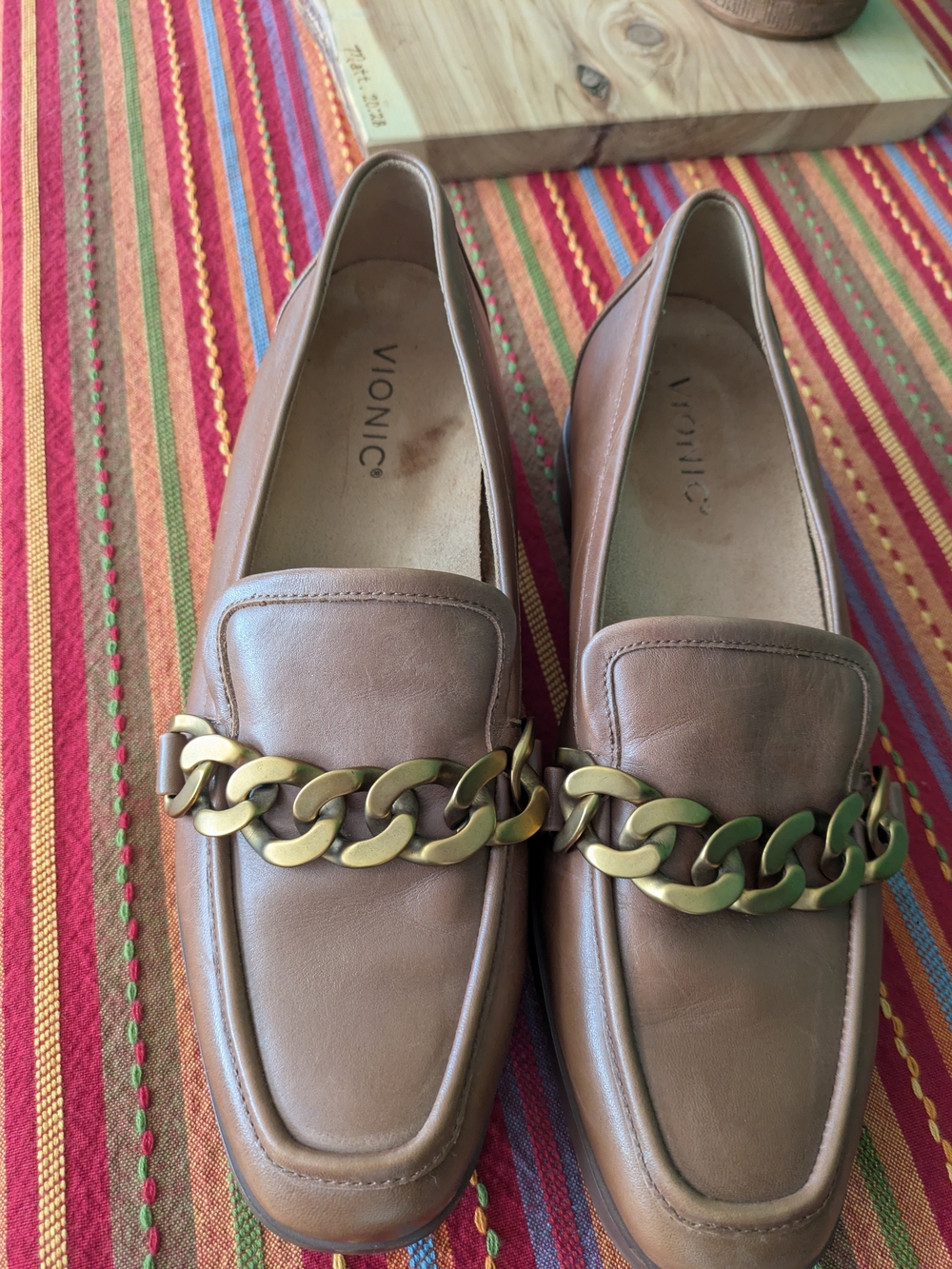 Vionic Tan Leather Loafers with Gold Chain Accent